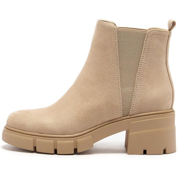 Womens Nude Suede Chelsea Boot Elastic Chunky Block Heel Platform Lug Sole Ankle - Picture 2 of 7